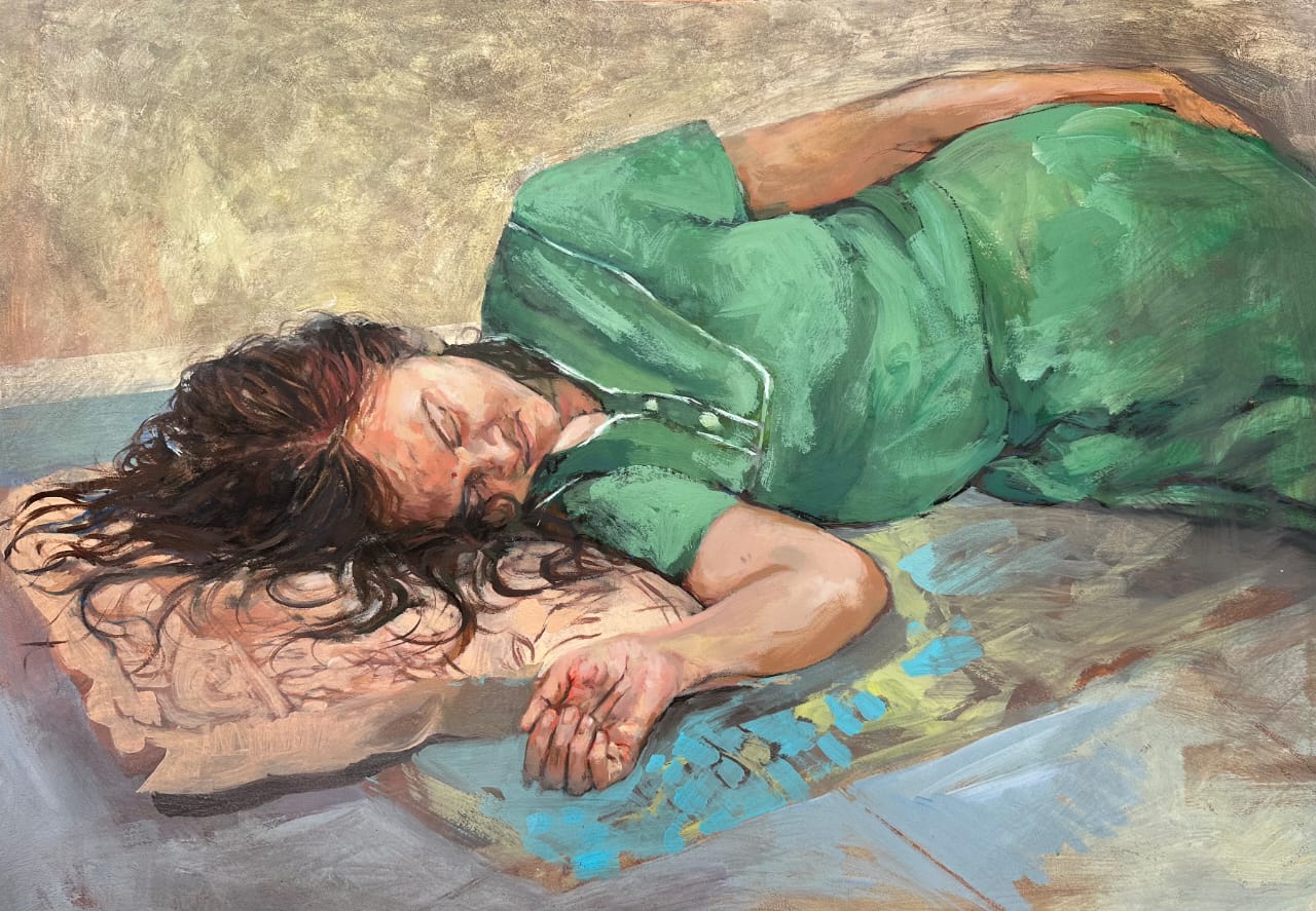 Ankita Naik | My mother taking nap | Acrylic on paper | 49 × 36 inches
